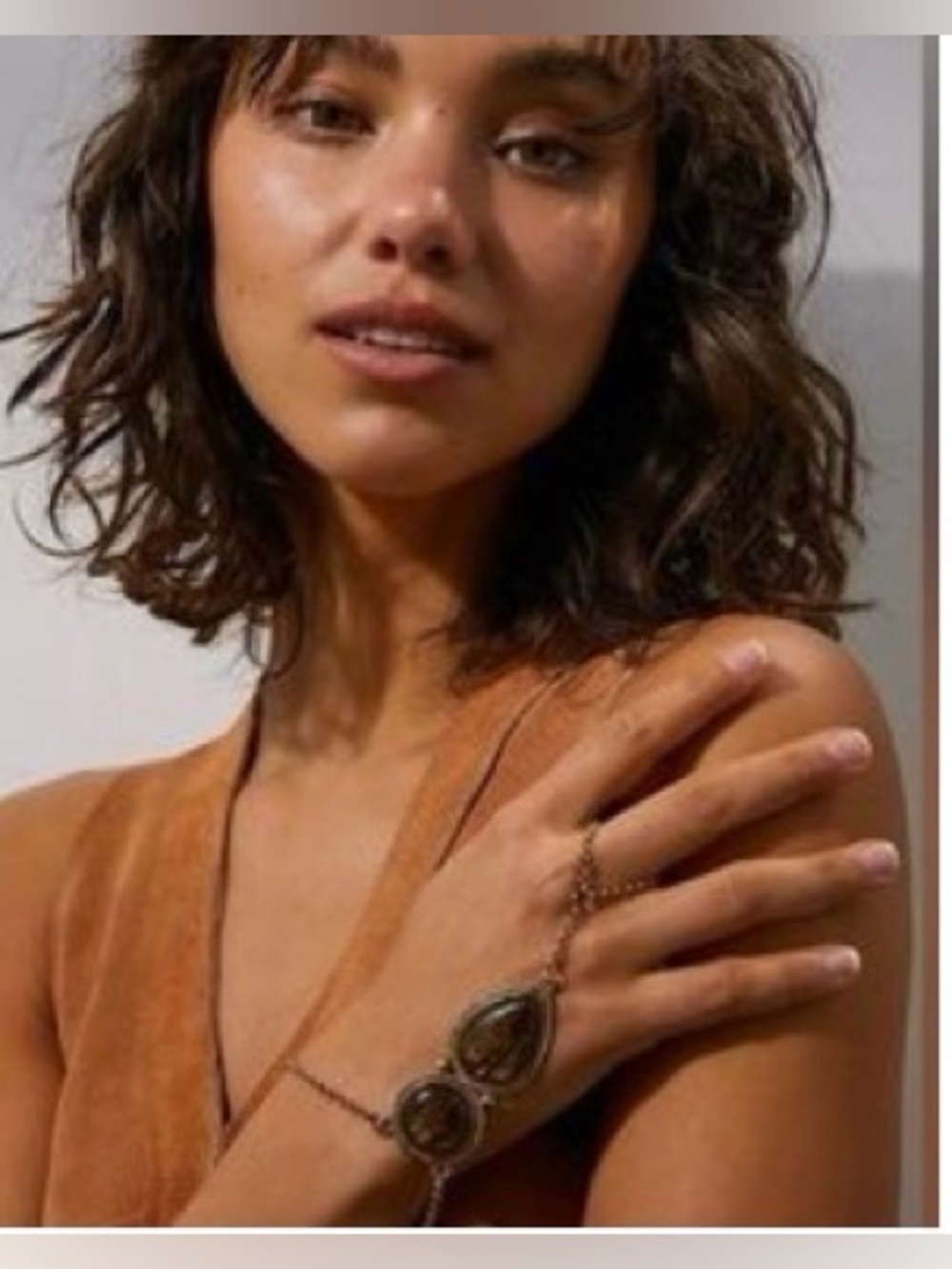 Free People Gold-Tone Hand Chain with Black Stones and Tassel